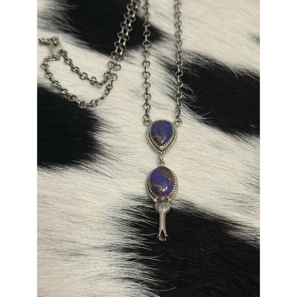 Native American Sterling Silver Purple Mojave 2 Stone Lariat Dangle Necklace - Picture 6 of 11